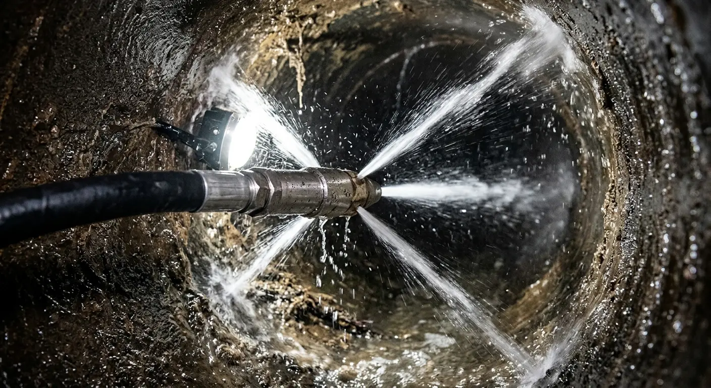 High-pressure hydro jetting nozzle cleaning sewer pipe for Trenchless Sewer Repair in Snowflake