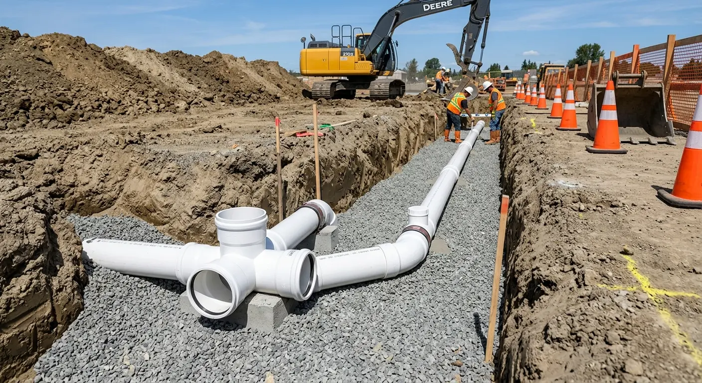 New PVC sewer pipe installation in open trench for Commercial Drain Cleaning in Snowflake