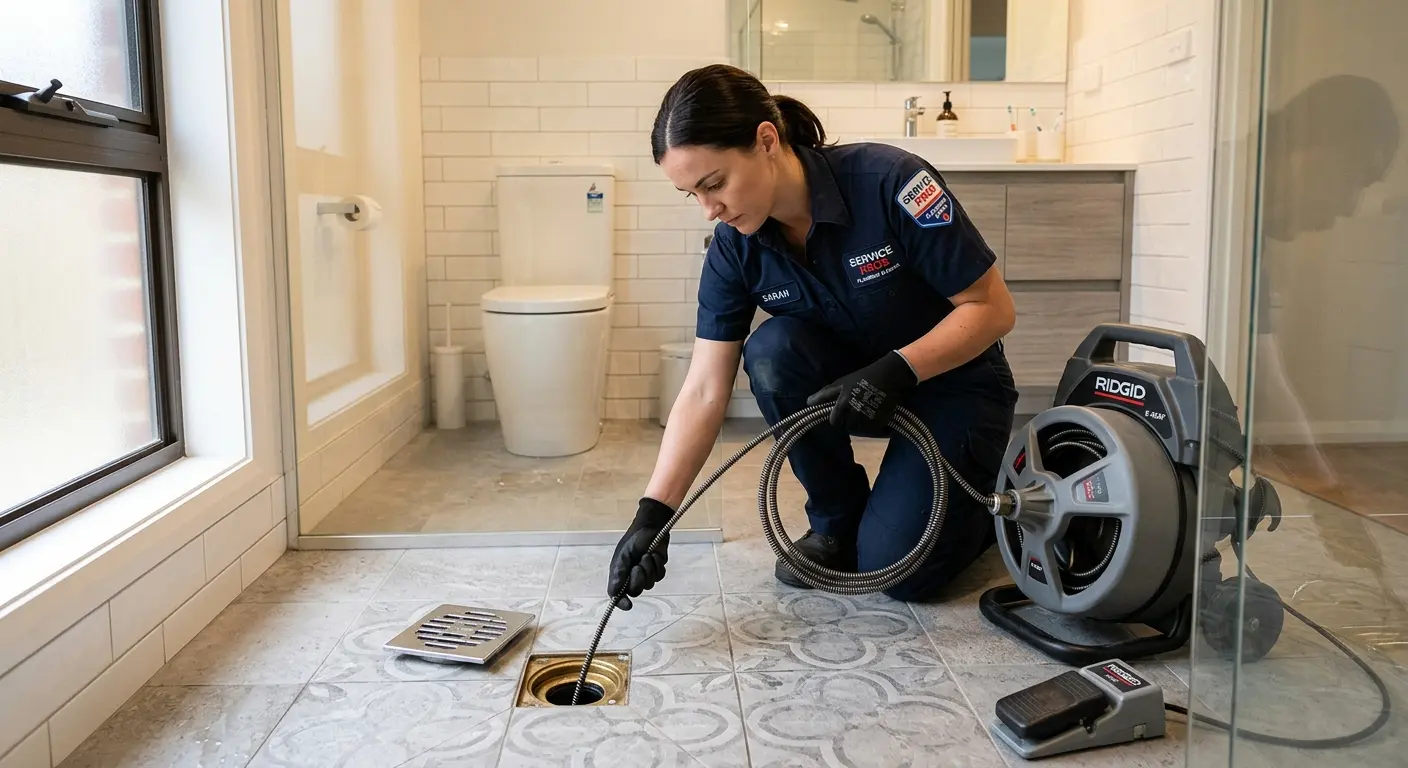 Technician clearing a bathroom floor drain for Sewer Line Replacement in Snowflake